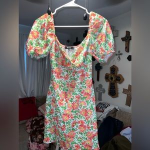 Missguided White Floral Ruched Puff Sleeve Mini Summer Dress Size 4